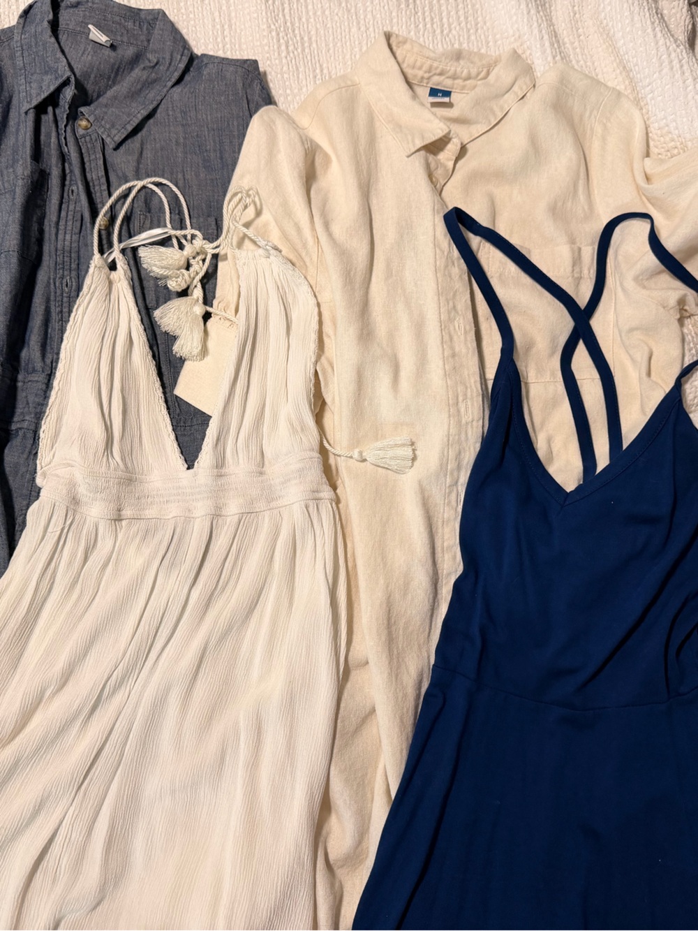 Mixed Dresses - Ivory Sundress, Navy Strappy Dress, Cream & Chambray Dresses